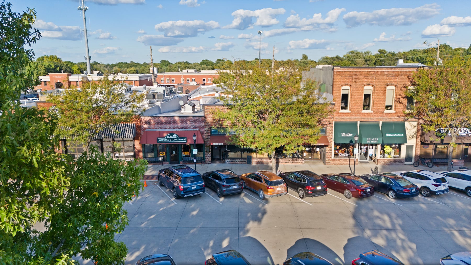Historic Georgetown town square and downtown storefronts seen from above