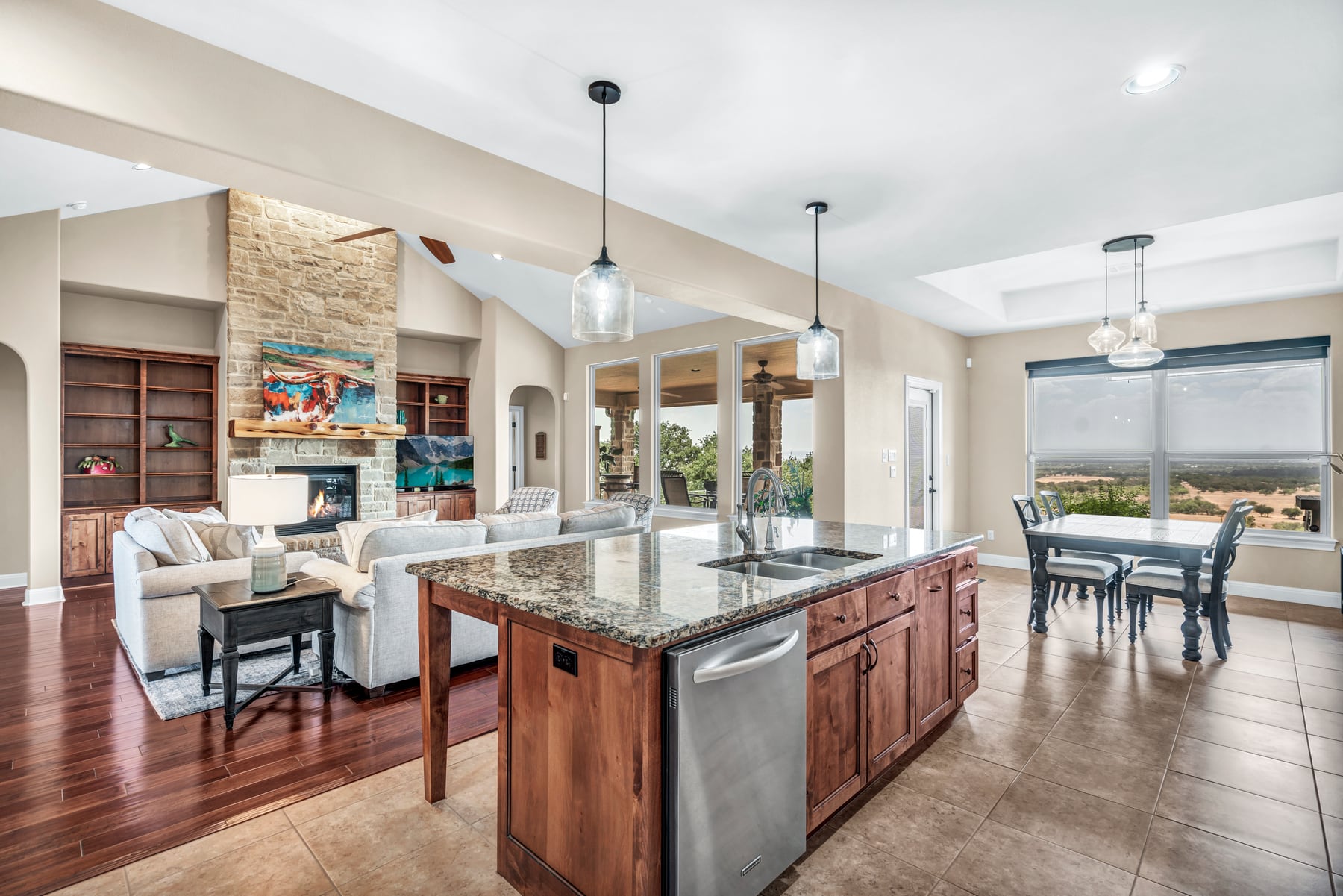 Polished kitchen and living area prepared for listing presentation