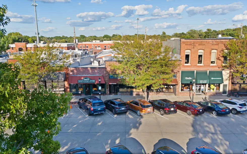 Historic Georgetown town square and downtown storefronts seen from above