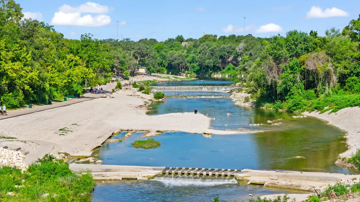 Aerial view of Blue Hole Park and the San Gabriel River in Georgetown, Texas