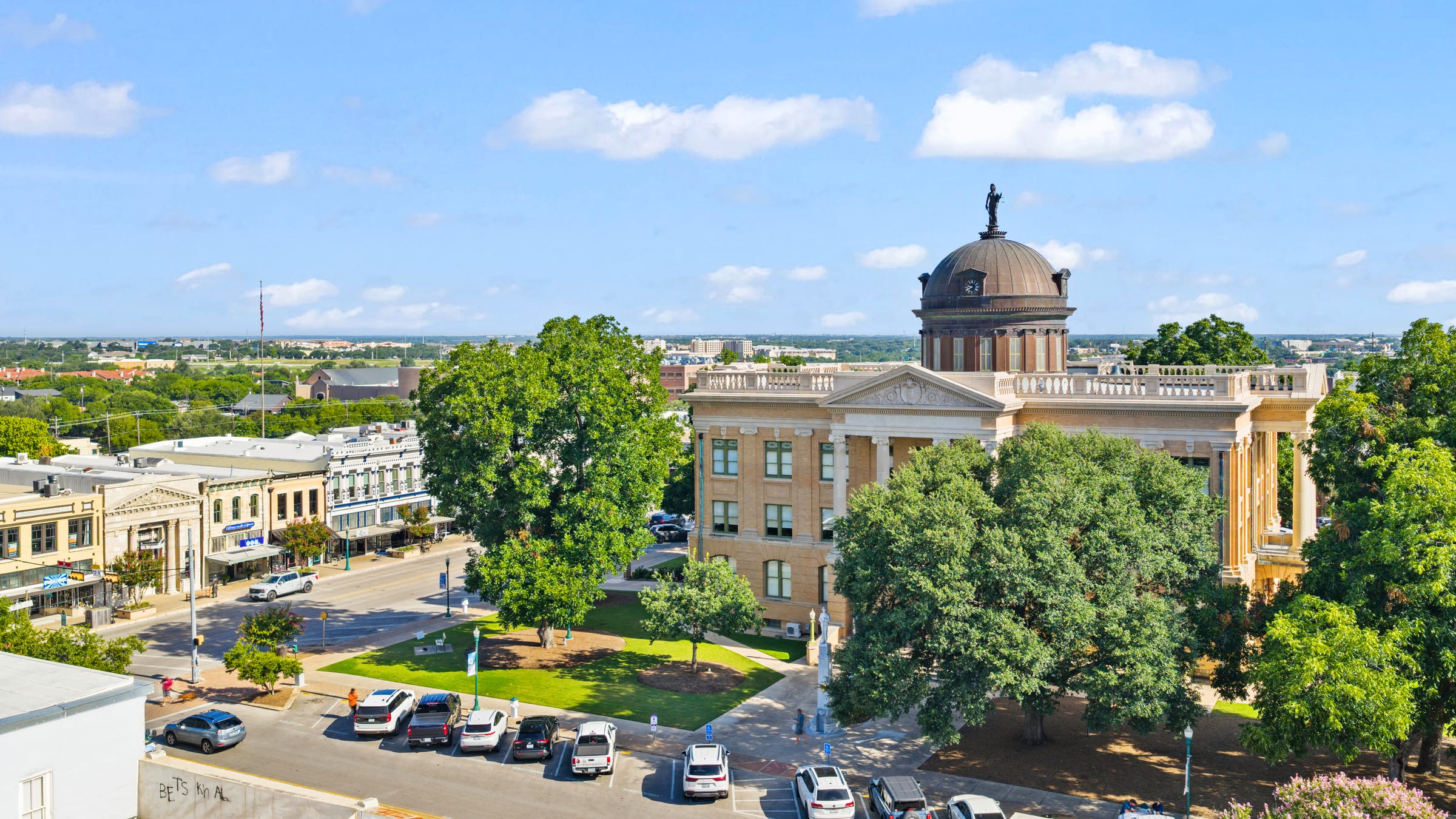 Aerial view of the Williamson County Courthouse and downtown Georgetown, Texas