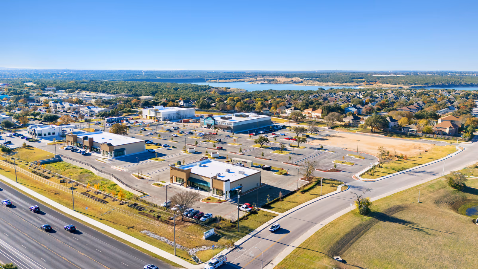 Aerial view of Georgetown growth around Williams Drive and Lake Georgetown