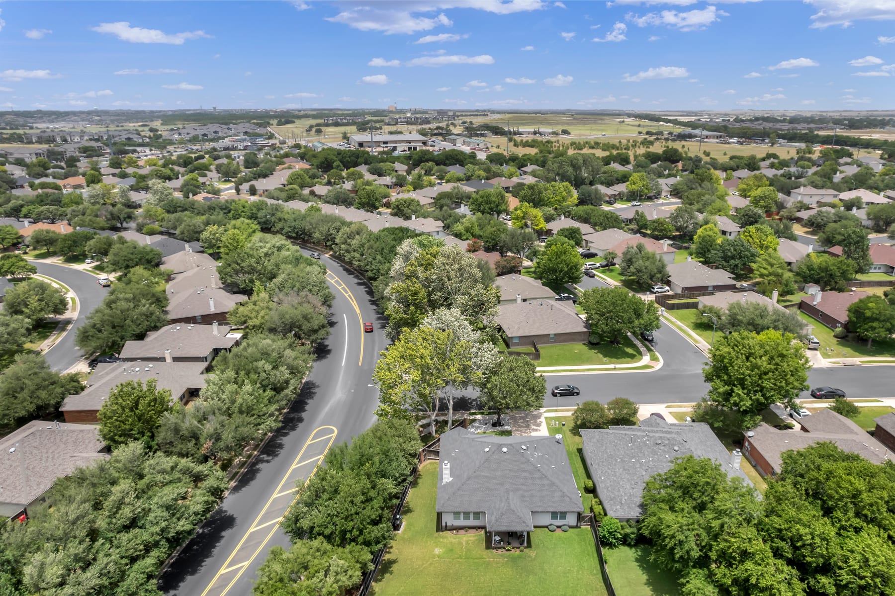 Aerial view of an established Liberty Hill-area neighborhood