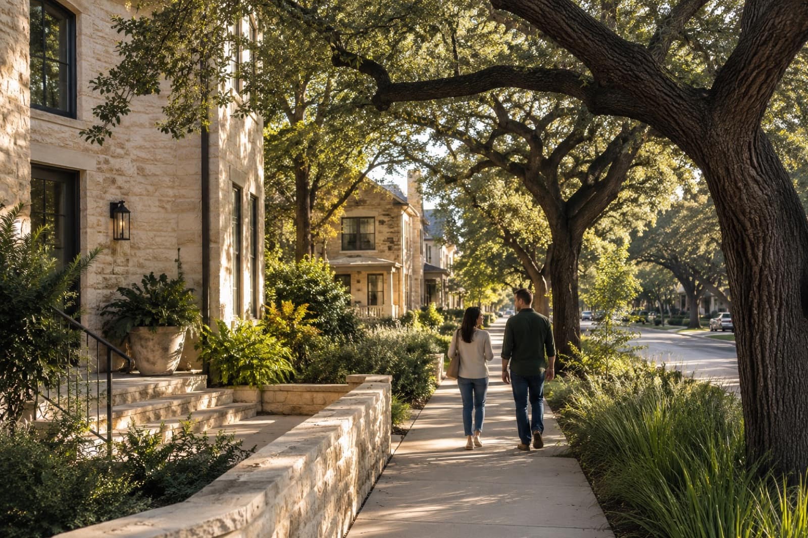 Walkable limestone neighborhood beneath mature Central Texas oak trees